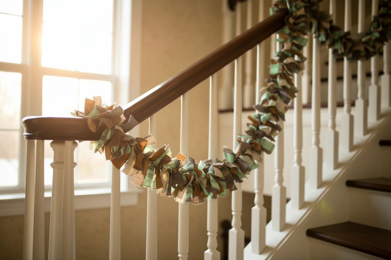 A decorative garland made of layered fabric in green, gold, and brown tones, draped over a wooden staircase railing in a home interior.
