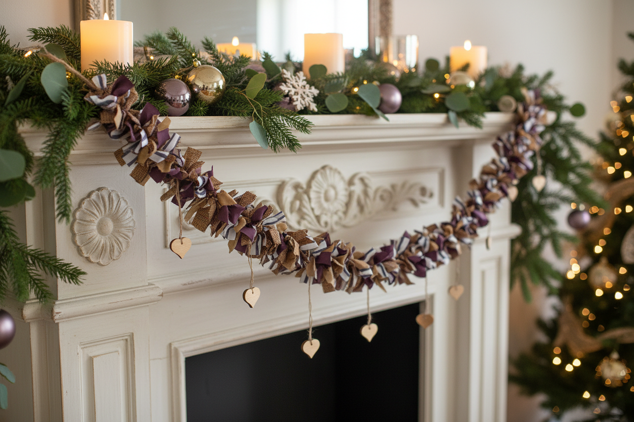 A decorative garland draped across an ornate white fireplace mantel, surrounded by greenery, candles, and holiday ornaments. The garland features layered ruffles in brown, beige, and deep purple with small hanging wooden heart charms.