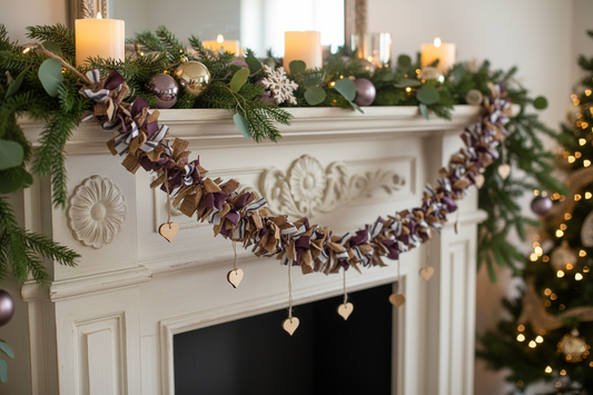 A decorative garland draped across an ornate white fireplace mantel, surrounded by greenery, candles, and holiday ornaments. The garland features layered ruffles in brown, beige, and deep purple with small hanging wooden heart charms.